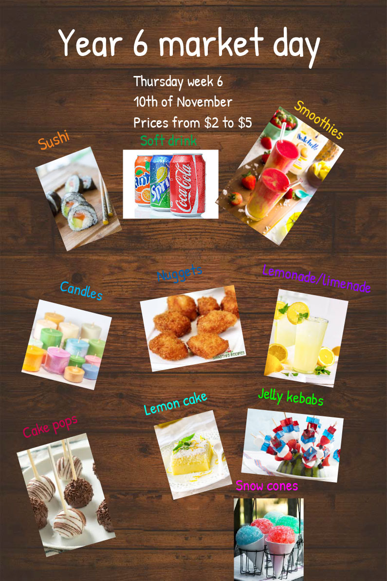 Year 6 Market Day poster showing food items