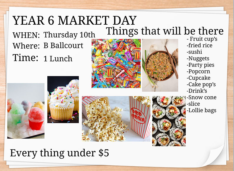 Year 6 Market Day poster showing food items
