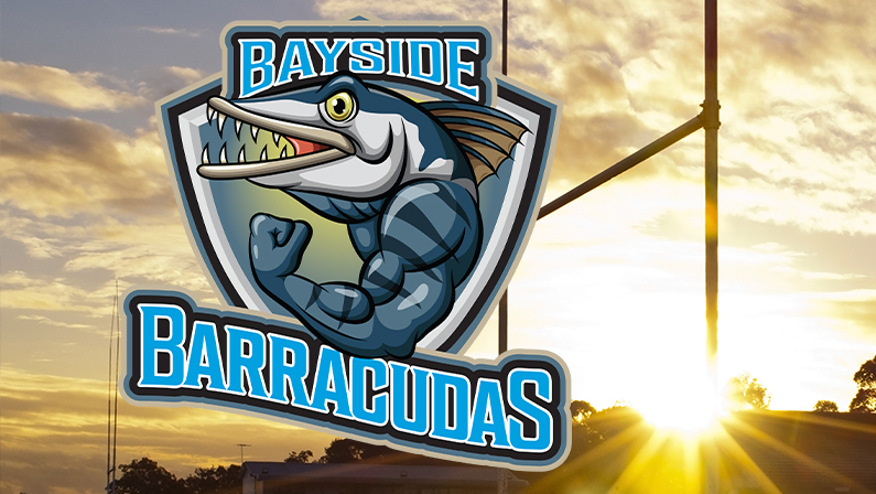Bayside Barracudas logo against sunset and goalposts